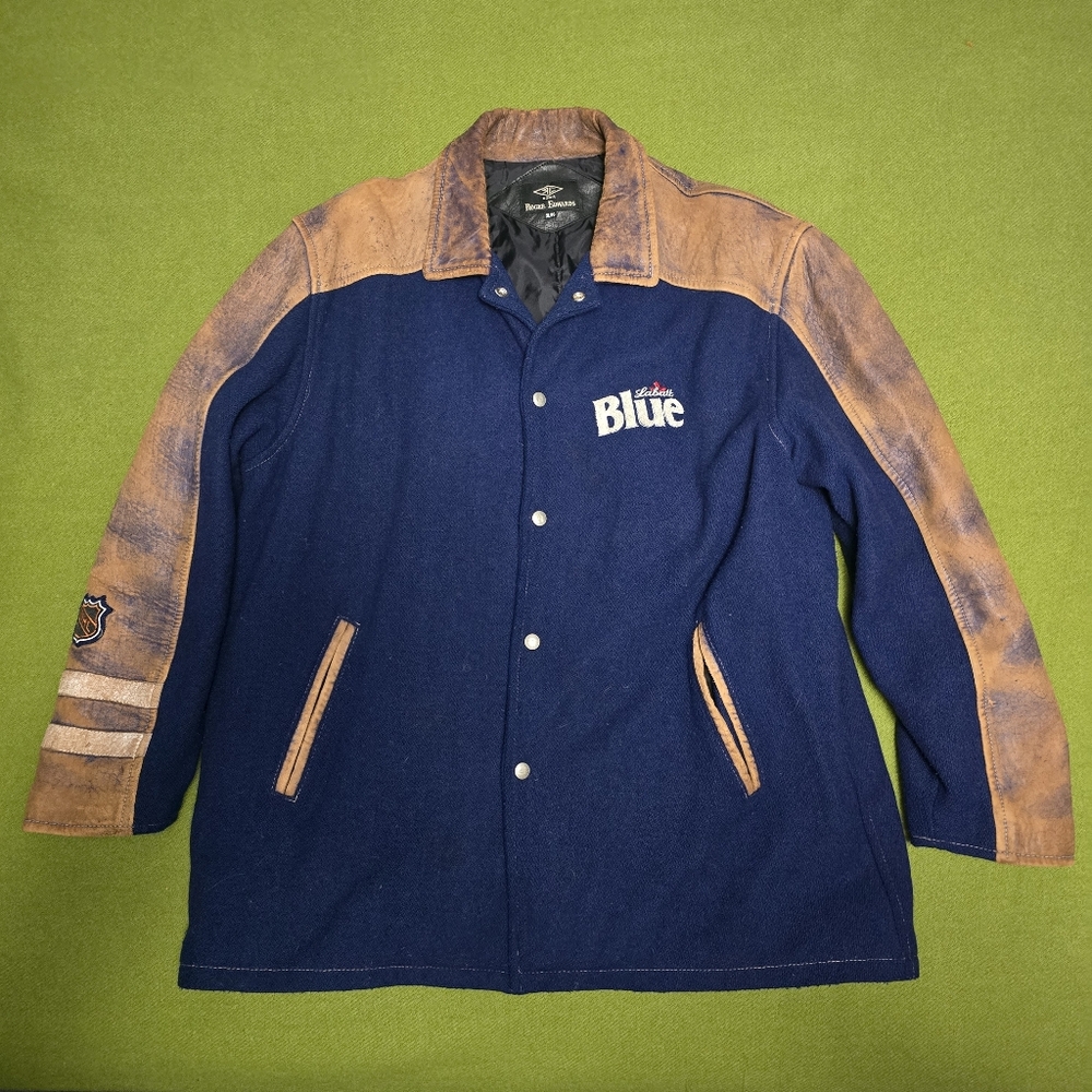 Vintage Blue Wool Bomber Jacket with Brown Leather Sleeves